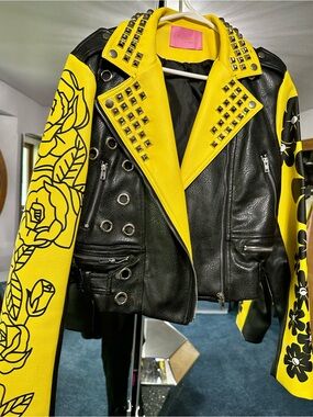 Yellow & Black Floral Studded Leather Biker Jacket